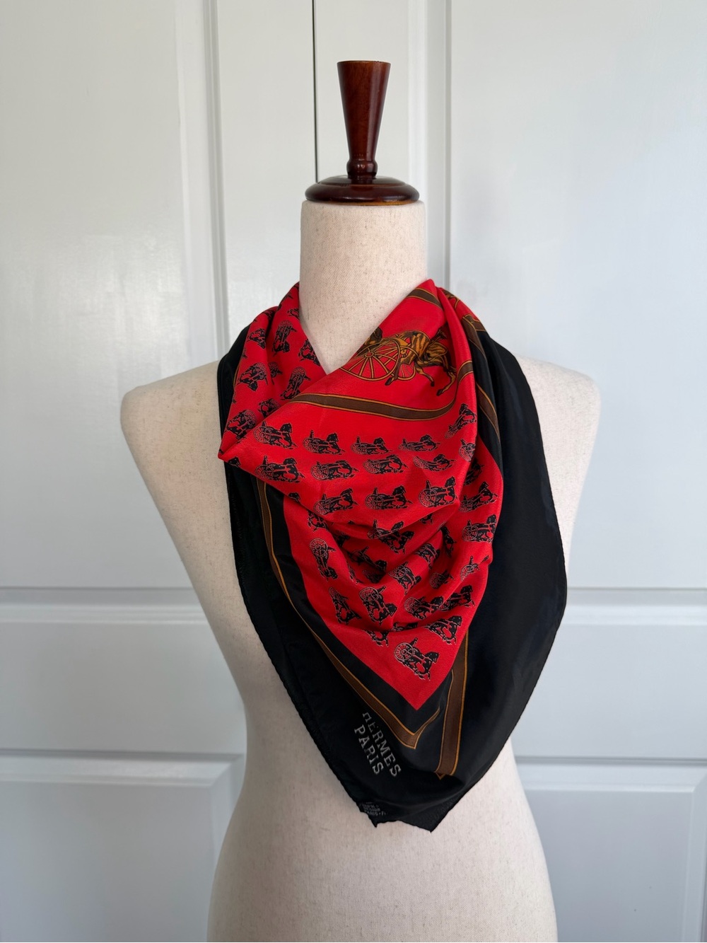 Vintage Hermes Paris Silk Horse and Carriage Scarf Red and Black